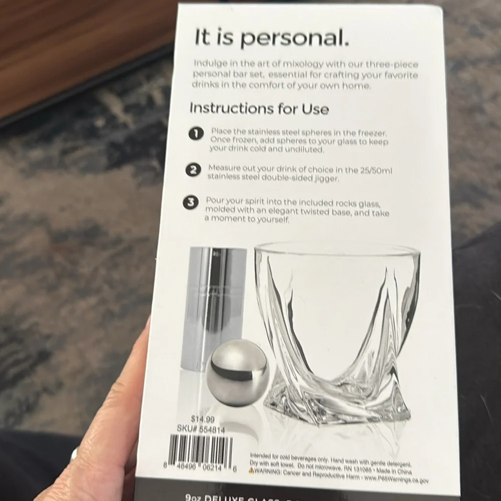 Deluxe Personal Serving 3 Piece Set Freezable Stainless Steel Ice Sphere & Glass